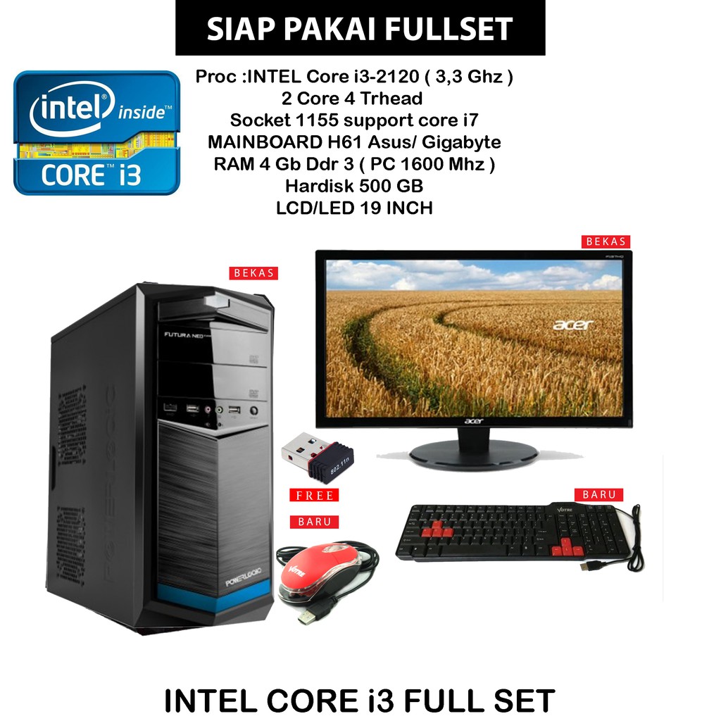 PC CORE i3 / LCD 19" / Ram 4 Gb / HDD 500Gb / FULLSET SIAP PAKAI