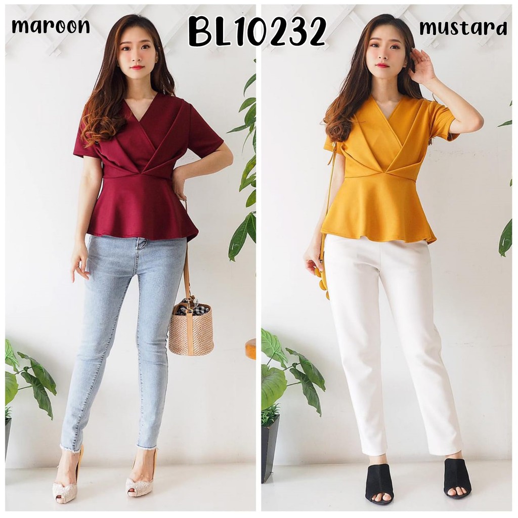 Baju atasan blouse vneck polos pergi kerja kantor casual kekinian fashion cewek wanita murah -10232