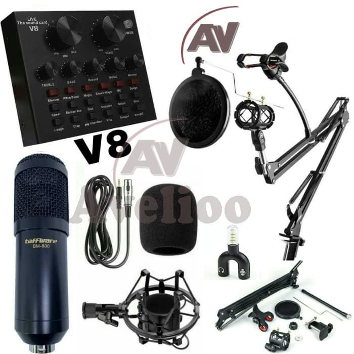 PAKET KUMPLIT MIC CONDENSER BM 800 + STAND + SOUNDCARD V8 + SPLITTER - Full Black