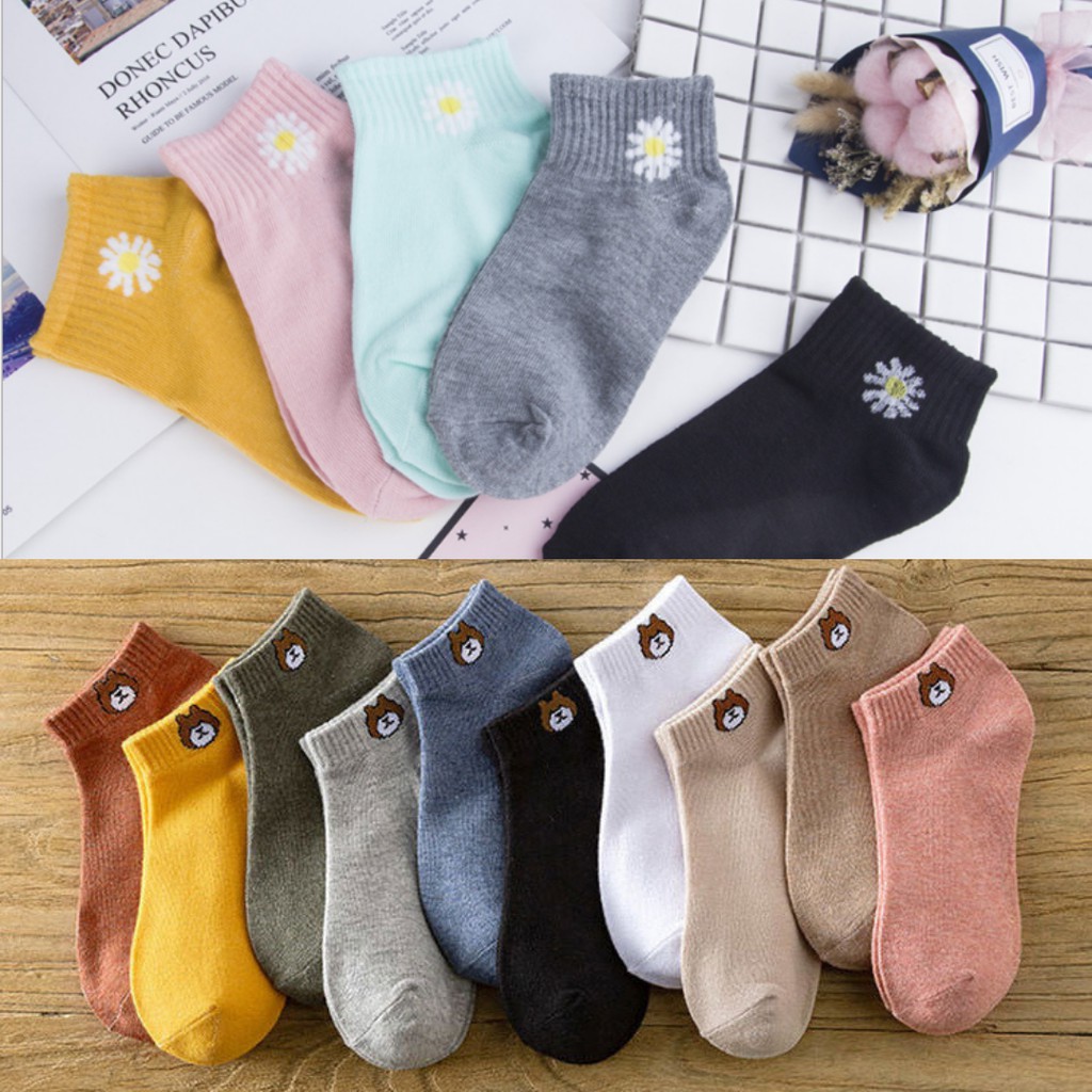 Kaos Kaki Bear Brown dan Daisy Pendek Mata Kaki Wanita Lucu Unik