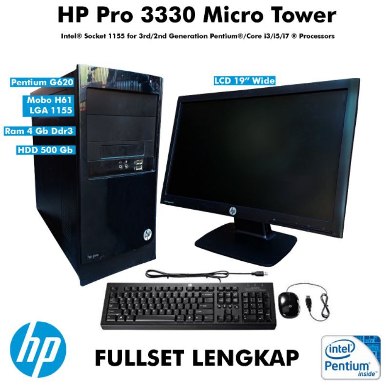 komputer fullnset Hp Pro 3330 micro tower | pentium G620 | ram 4 Gb | hdd 250 Gb | Lcd 19 inchi