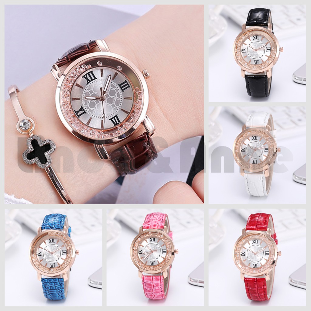 B1 Jam Tangan Wanita Analog Strap PU Leather Corak Croco Dial Bulat Romawi Casual Quartz Fashion Import
