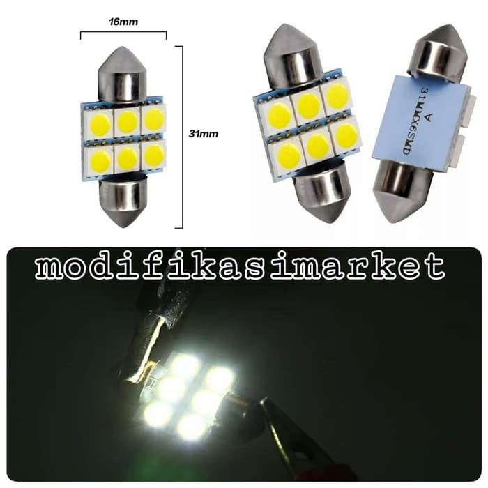 LAMPU KABIN 6 LED SMD PUTIH UNIVERSAL LAMPU PLAFON MOBIL 31MM