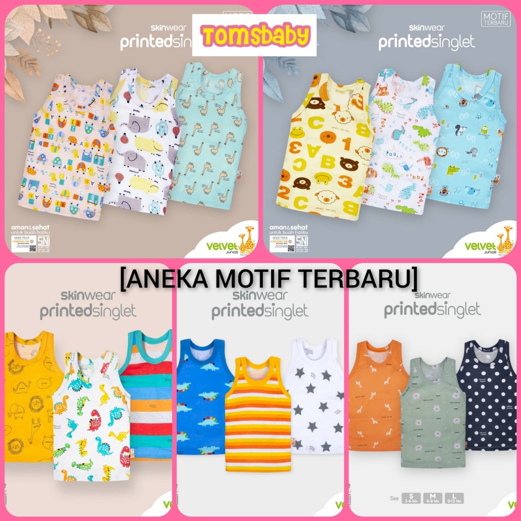 VELVET JUNIOR 3pcs Kaos Dalam Anak/ Kaos Kutang Bayi / Singlet MOTIF Printed Singlet Velvet