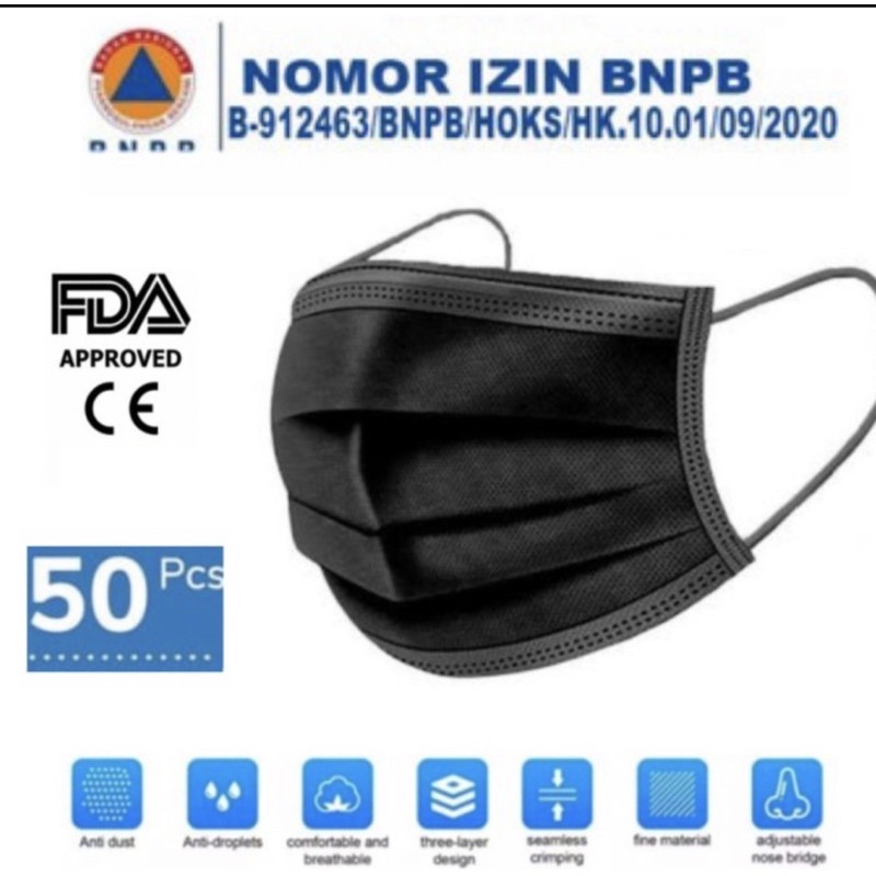 [ Hitam ] Masker Earloop 3ply HITAM / Masker Cantol Hitam / Earloop Disposable Mask