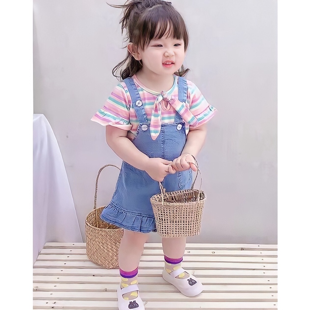 1305 Setelan Overall Anak perempuan Pelangi /Setelan Anak Perempuan Import OverAll Jeans Pendek Lucu Premium