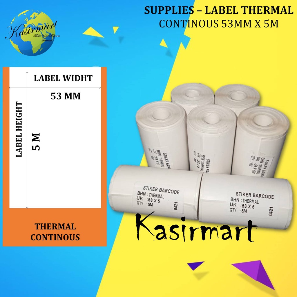 [MIN 5 ROLL] KERTAS STICKER THERMAL 58MM COCOK UNTUK PRINTER LABEL THERMAL BLUETOOTH 53X5M RESI