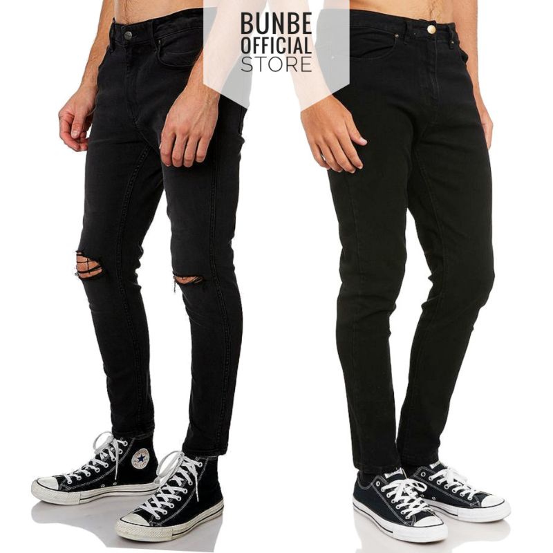 Celana Jeans Pria sobek lutut robek ripped skinny hitam melar elastis