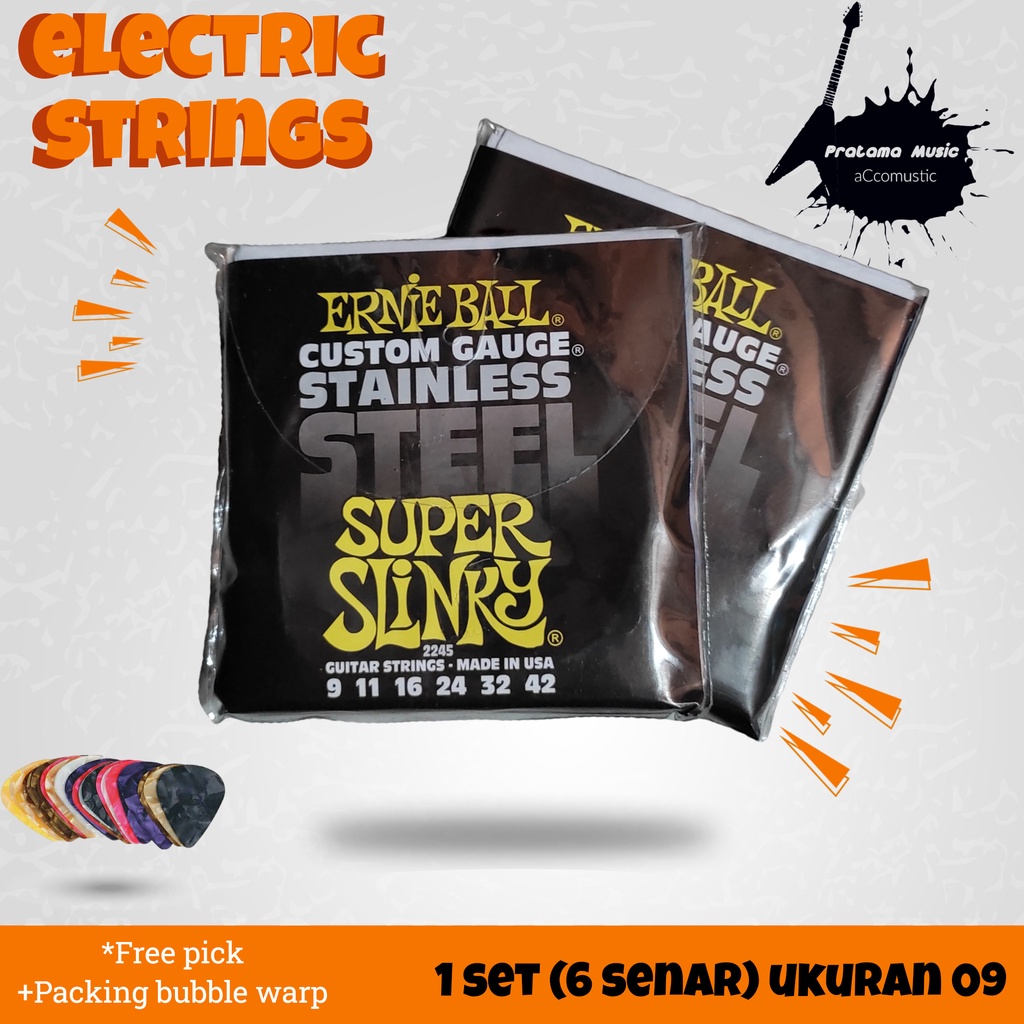 Senar Gitar Ernie Ball Stainless Steel Electric Guitar Strings , Senar Gitar Akustik Elektrik, 009