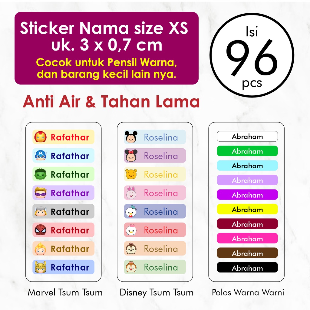 Stiker Label Nama Anak Custom Ukuran Xs isi 96 pcs Label Nama Anak Waterproof Tahan Air Stiker Pensil Warna
