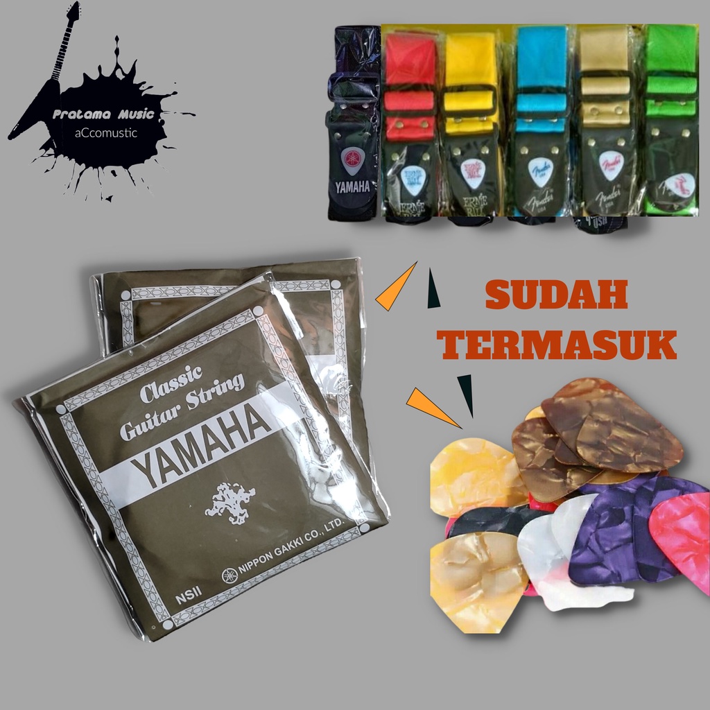 Paket Senar Yamaha Classic Strings , Senar Gitar Nylon , 1set , Strap Sabuk Gitar , Pick