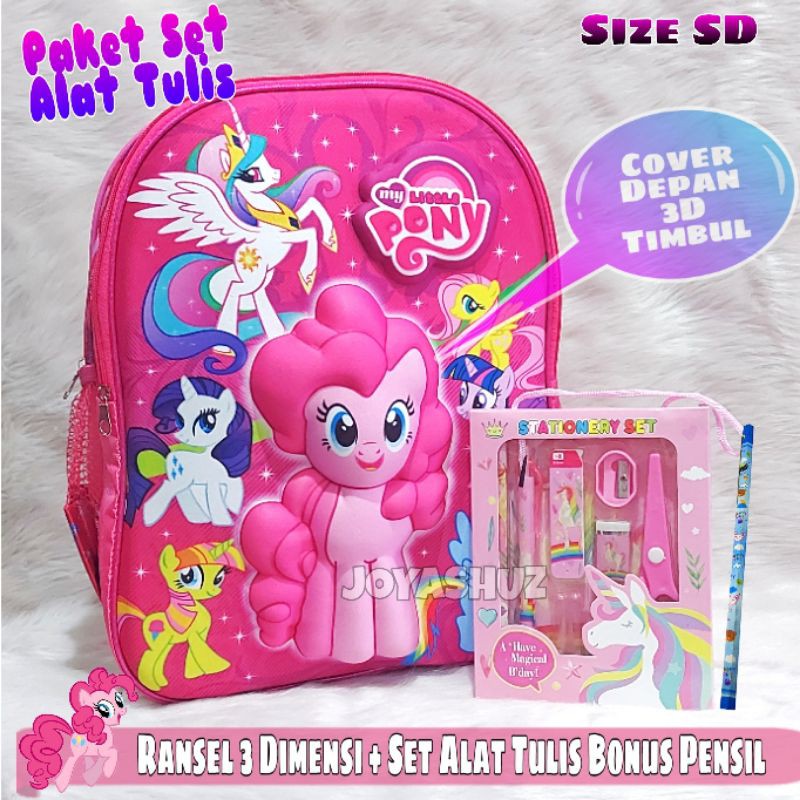 Tas Sekolah Anak Pony 3 Dimensi Gratis Set Alat Tulis / Tas Karakter Anak