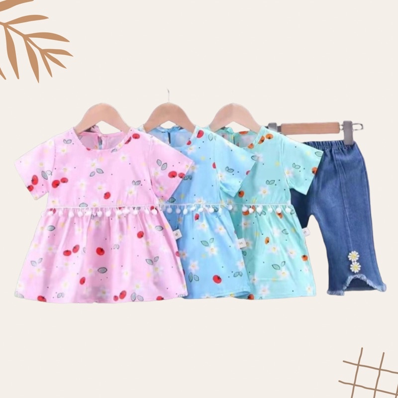 Setelan Jeans Anak Perempuan motif Bunga / Set Tunik anak