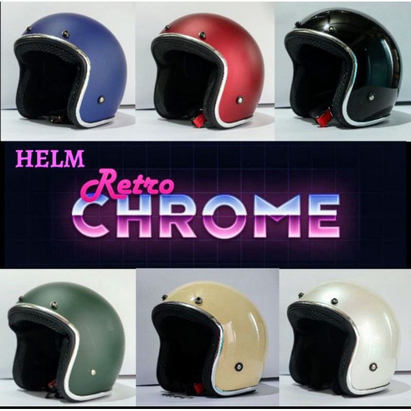 Helm Bogo retro polos dewasa list Crome chrome chroom chroome Hitam SNI murah