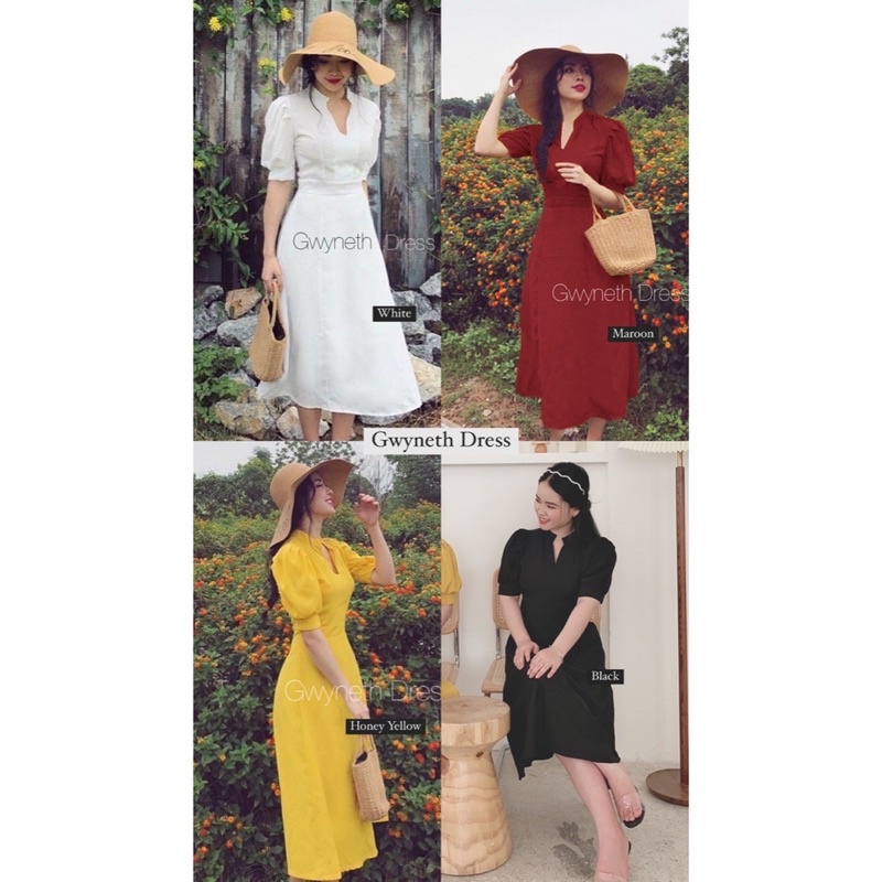 D0780 GWYNETH KOREAN STYLE VINTAGE MIDI DRESS POLOS NATAL KONDANGAN PESTA VNECK