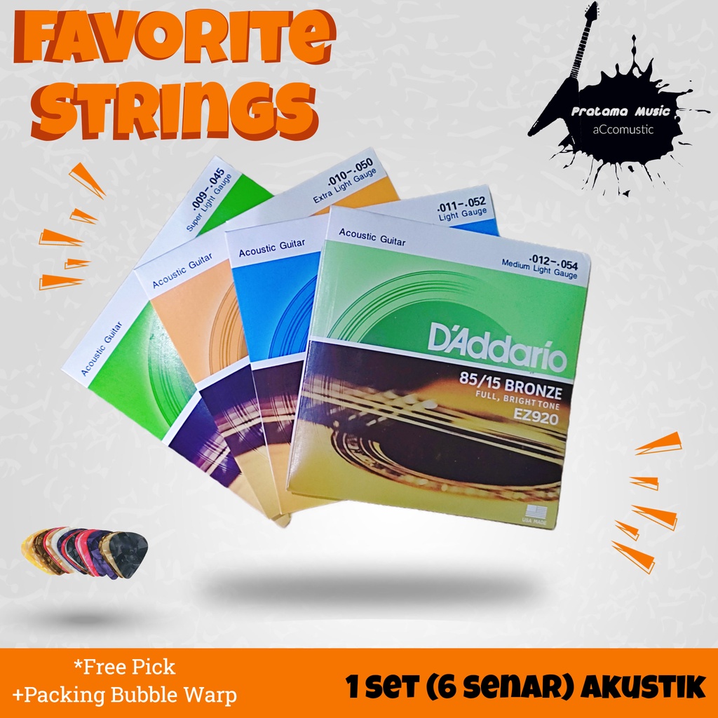 Senar Gitar D'Addario EZ Bronze Full Bright Tone Acoustic Guitar Strings, Senar Gitar Akustik, 85/15