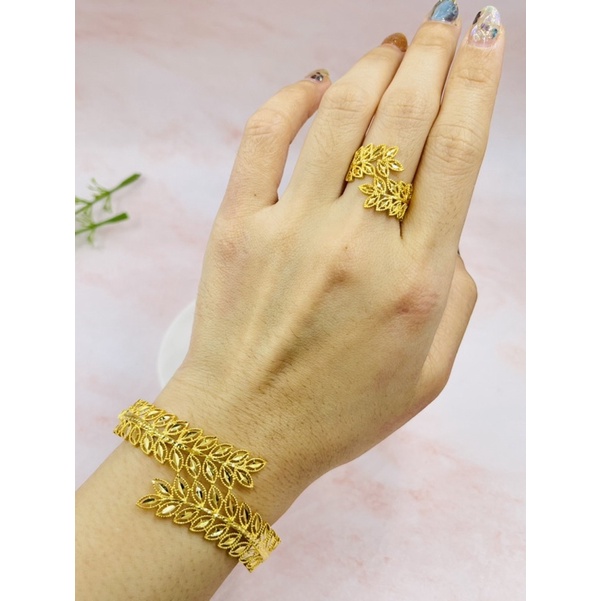 Gelang plus cincin motif daun kerawang simple mewah elegant G70