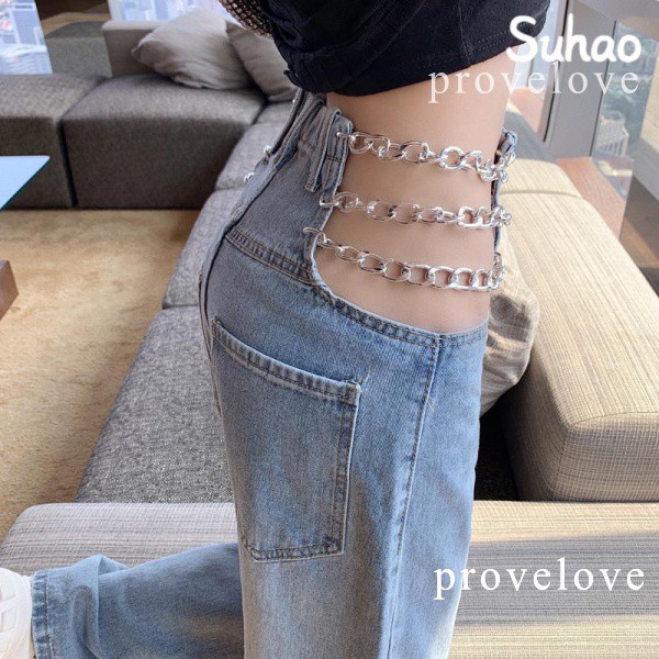 Rantai Pinggang Tinggi Hollow-Out Jeans Seksi Longgar Celana Jeans Lurus Celana Jeans Leba