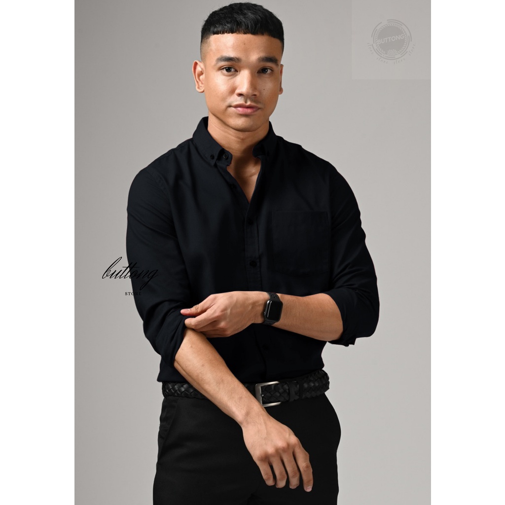 Kemeja panjang linen kasual premium slimfit hem polos warna hitam hijau armi nevi kekinian
