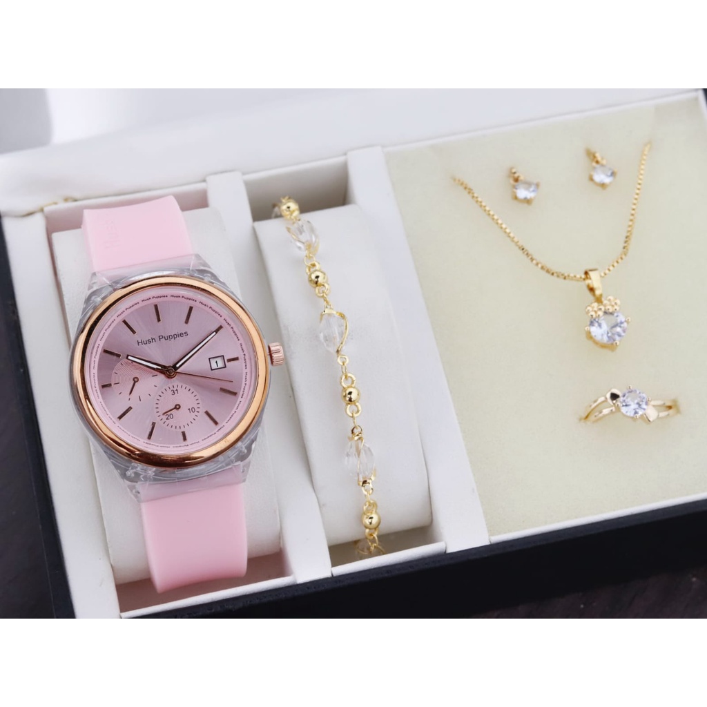 BISA COD✅ Jam tangan wanita Hush Puppies full set kalung cincin anting gelang