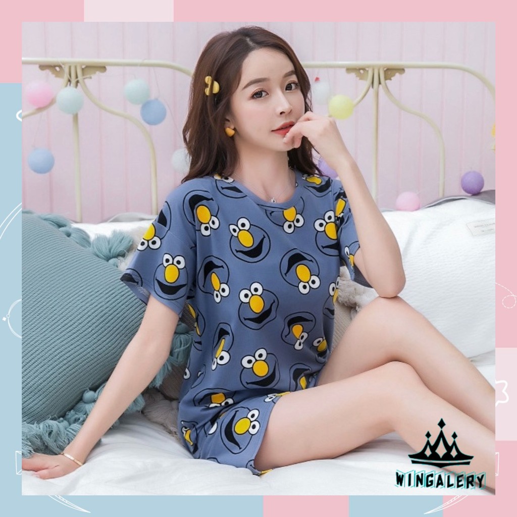 ✨WINGALERY✨ Pakaian Wanita Baju Tidur Piyama Lengan Pendek Import Motif Kartun Fit to XXL 4019-2