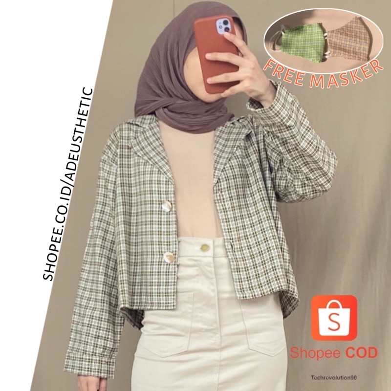 Vintage Atasan Blazer Pendek / Panjang Kotak-Kotak Kasual (FREE MASKER)