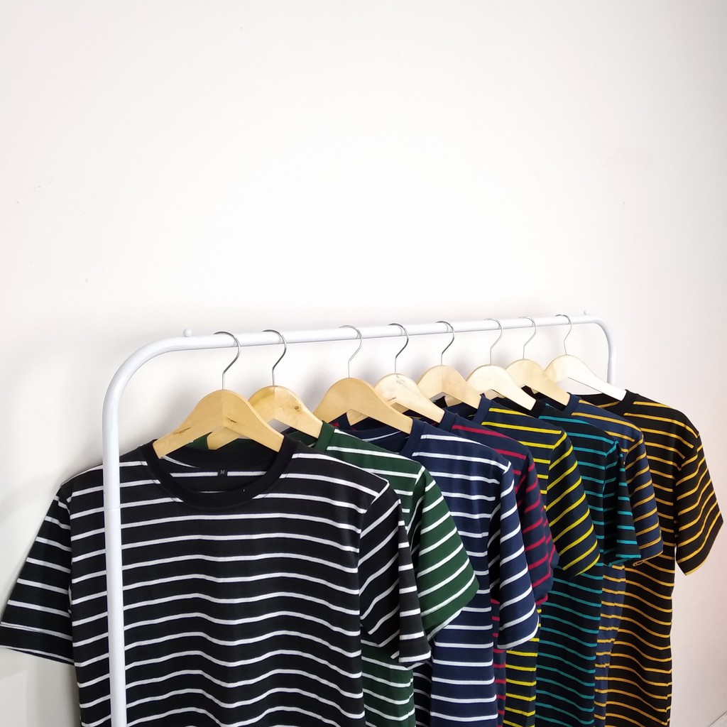 (12 Warna) Lengan Pendek Grosir Ecer Baju Kaos Stripe Belang Bergaris Salur Cotton CVC Pria Wanita