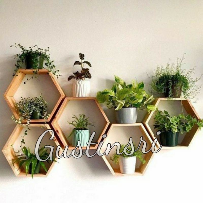 PROMO RAK HEXAGONAL SET 5 HIASAN DINDING KAYU RAK SUDUT KAYU HEKSAGONAL DEKORASI RUMAH CAFE KANTOR