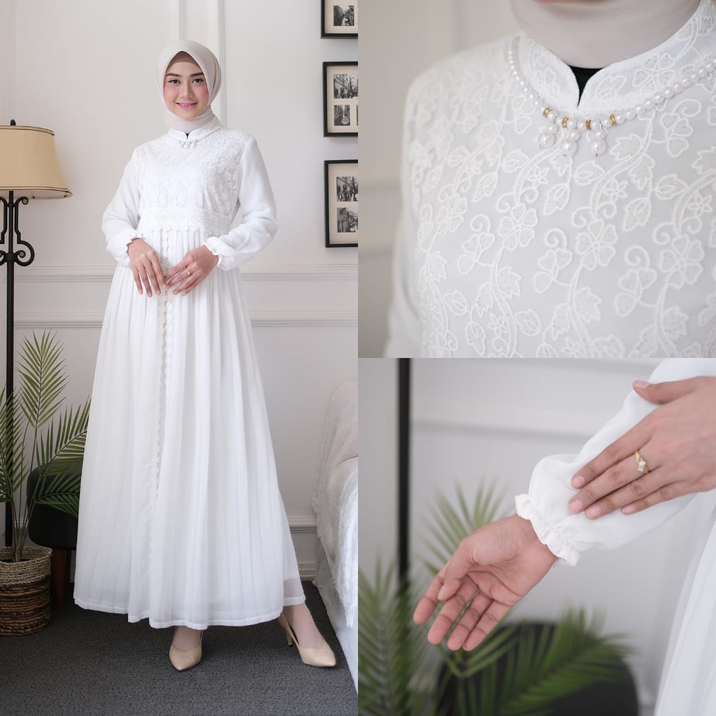 Agnes Gamis Putih Wanita Gamis Plisket Brukat Baju Muslim Wanita Busana Lebaran Umroh Terbaru 821
