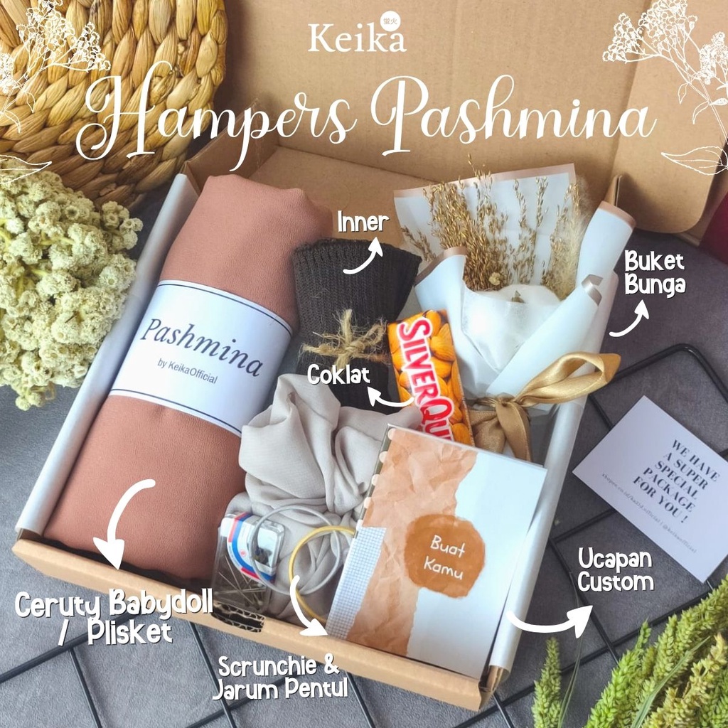 Hampers Hijab Pashmina Ceruty & Plisket Hadiah Kado Pasmina Hijab Kerudung Cewek Wisuda Graduation