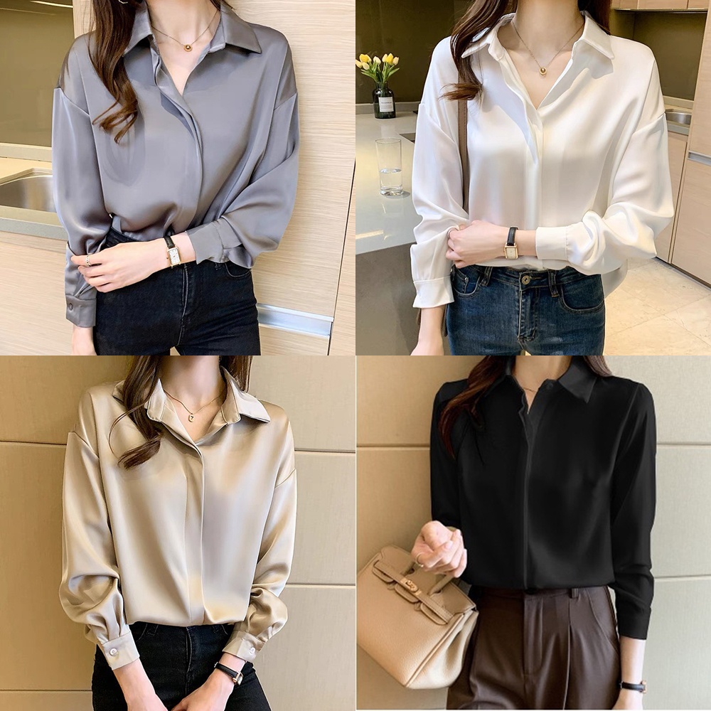 Key - 0136 Kemeja LOVIE SATEN VELVET Lengan Panjang Size XL Hijabers Friedly