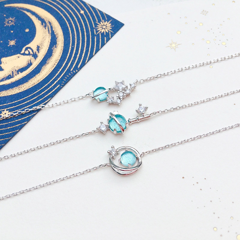 Gelang Tumpuk Bracelets Planet Key Blue Crystal Silver Color Bracelet Women Girls Fashion Jewelry