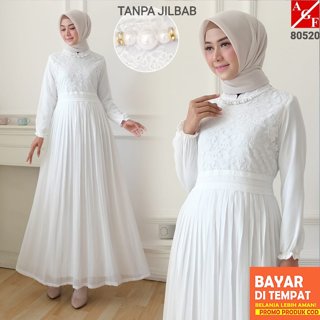 Agnes Gamis Putih Wanita Gamis Plisket Brukat Baju Muslim Wanita
