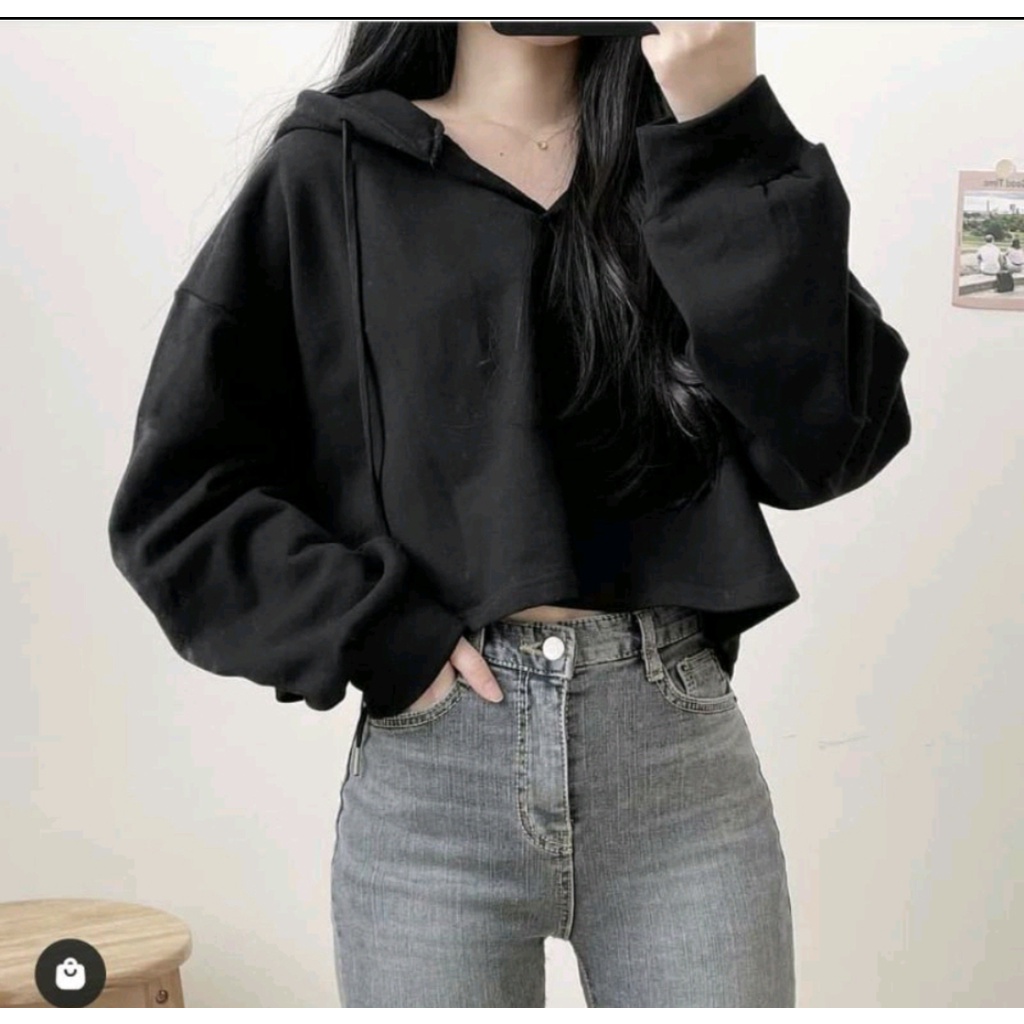 SWEATER CROOPE HOODIE POLOS OVERSIZE WANITA BAHAN FLECEE