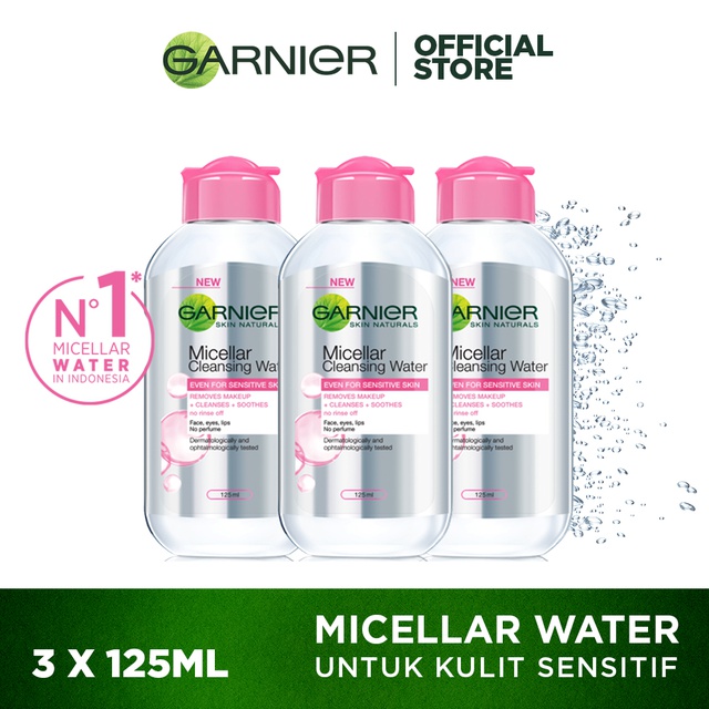 Garnier Micellar Water Pink Skin Care - 125 ml x 3 pcs (Pembersih Wajah Untuk Kulit Sensitif)