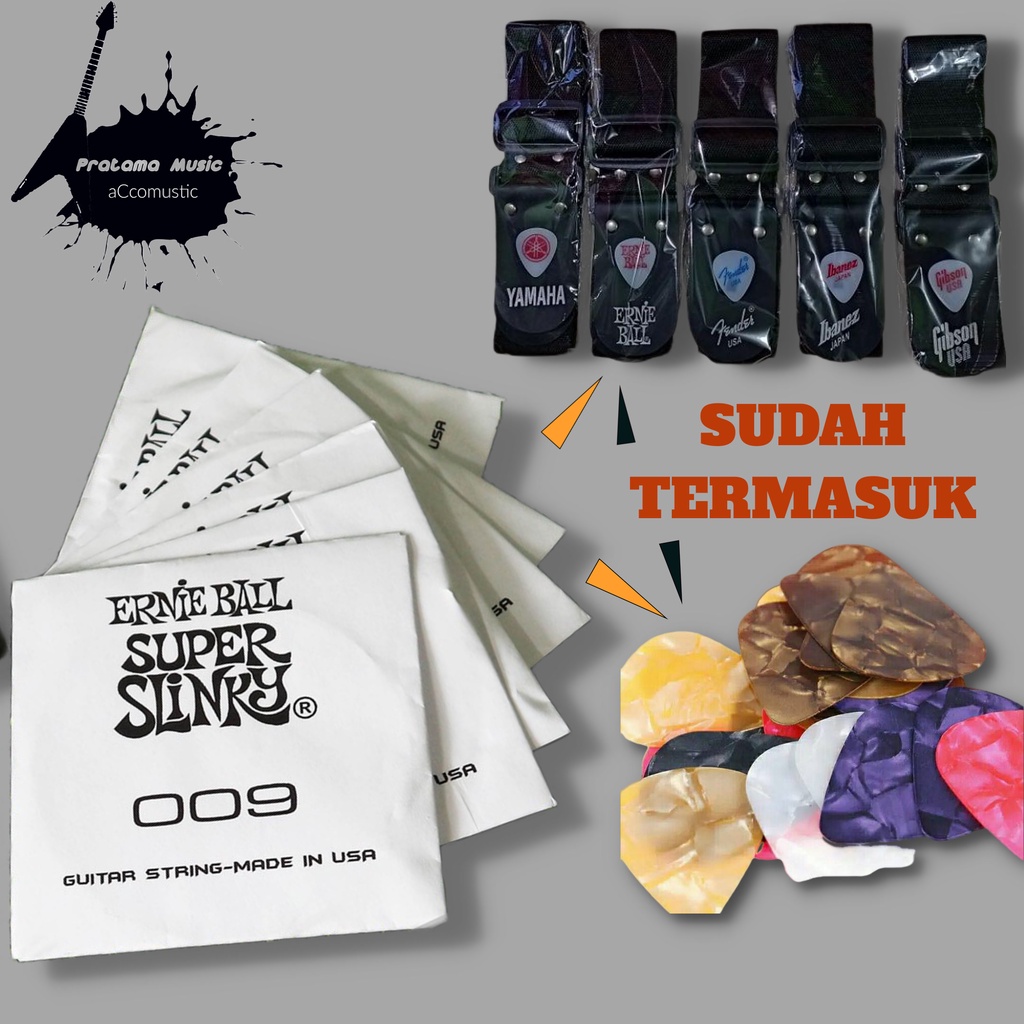 Paket Senar Ernie Ball Stainless Steel Electric Guitar Strings , Senar Gitar Elektrik , 009 , Strap Sabuk Gitar , Pick