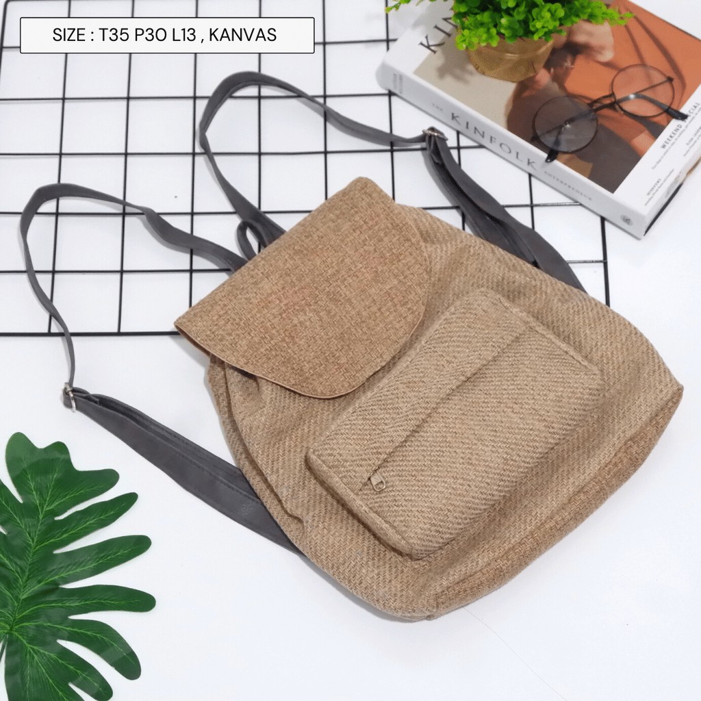 Bayar di Tempat COD Tas Ransel Serut Bahan Kanvas KANTONG Depan Ukuran Medium tas punggung wanita