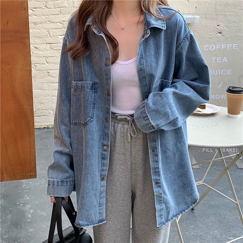 [COD]Kemeja denim Wanita blouse Korea style baru jaket atasan oversize