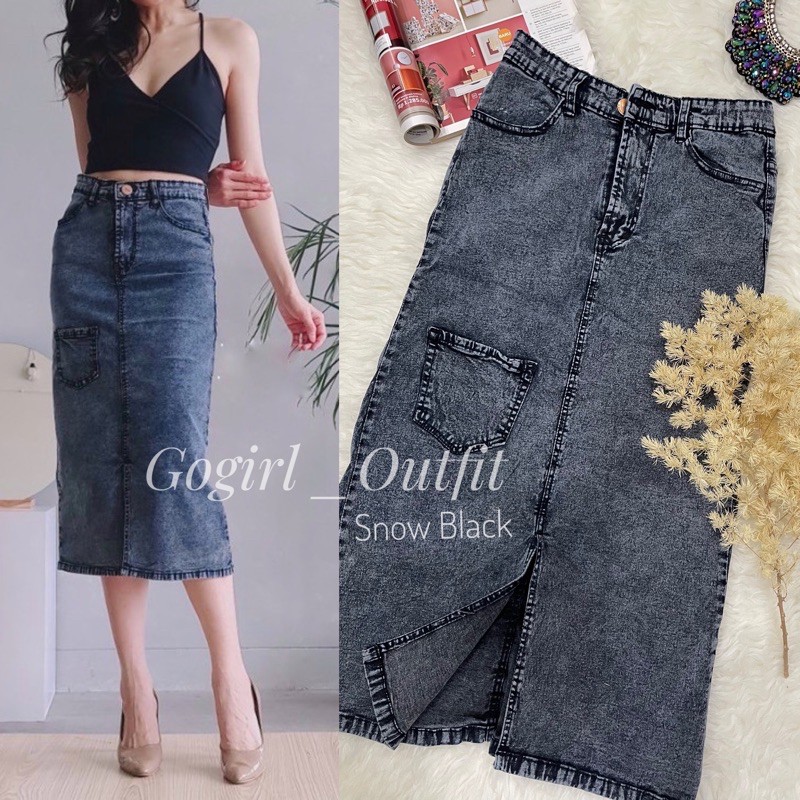 BISA COD (27-34) MIDI JEANS SPAN SLIT SKIRT 7/9 (ROK SPAN MIDI JEANS) ROK MIDI JEANS STRETCH WANITA