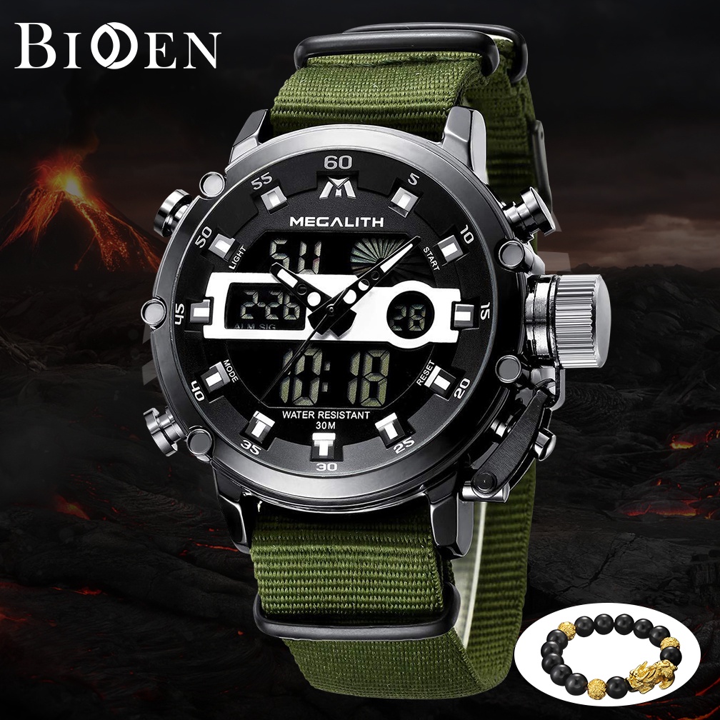 BIDEN Jam Tangan Pria Anti Air Digital Analog Multifungsi Nilon Olahraga Militer Waktu Ganda Jam Tangan Cowok Original