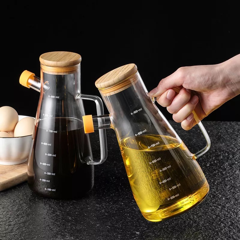 Botol Minyak Goreng Kaca Anti Panas – Tempat Wadah Kecap Sirup Cuka Kaca Tutup Kayu Bambu Heat Reasistant