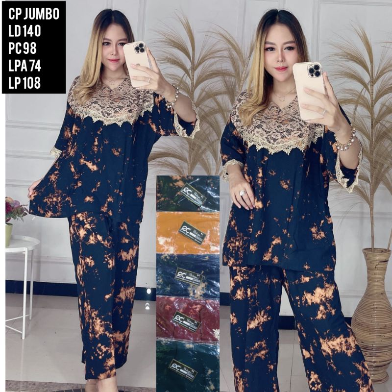 Setelan Celana Panjang Jumbo Brokat Renda Motif Tidye Busui Arabian Tali Belakang