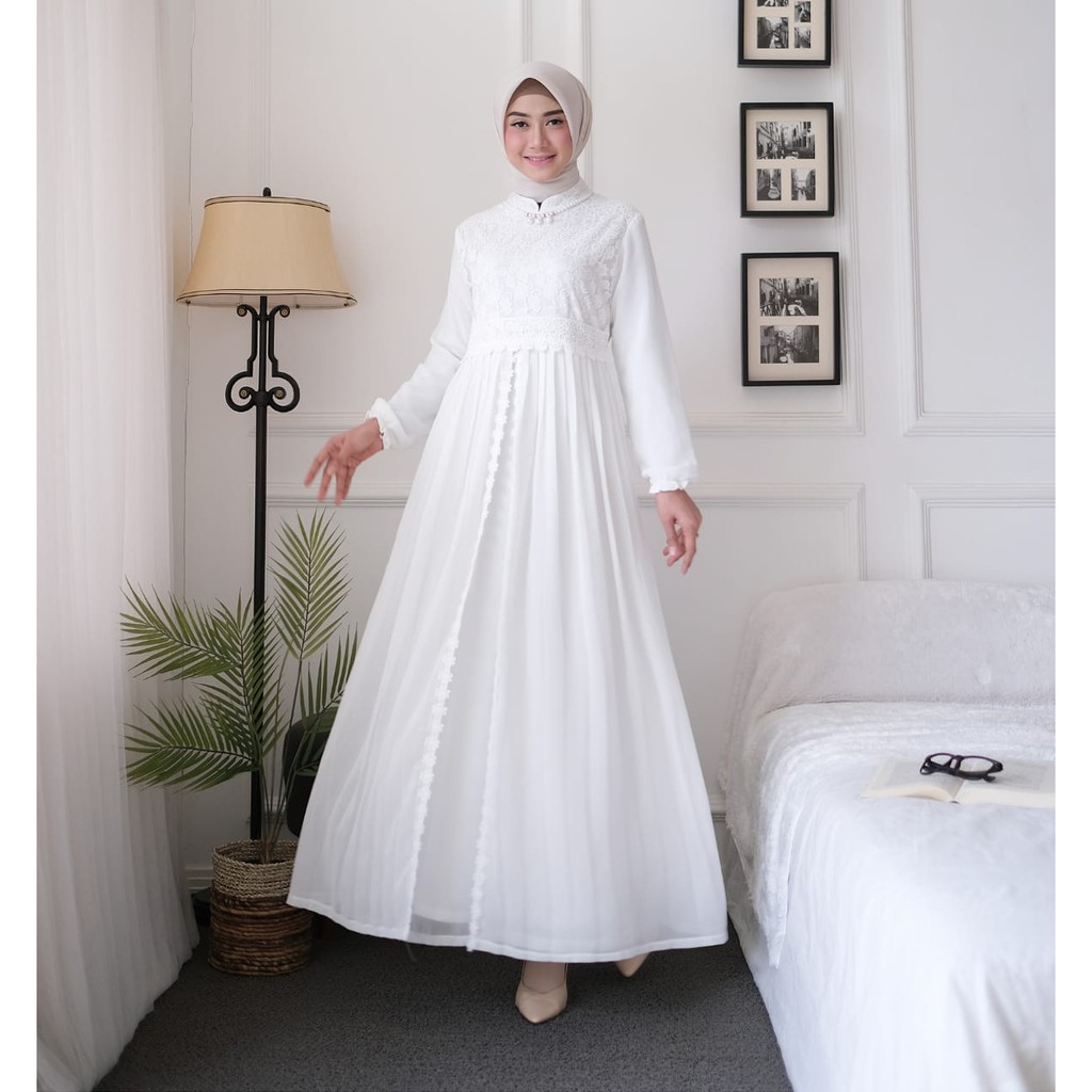 Agnes Gamis Putih Wanita Gamis Plisket Brukat Baju Muslim Wanita