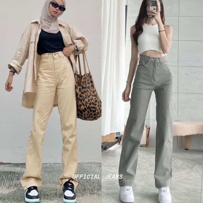 Celana Kulot Jeans Wanita Highwaist Loose Hotty Cullote jins Warna Cream Light Grey Dan Brown