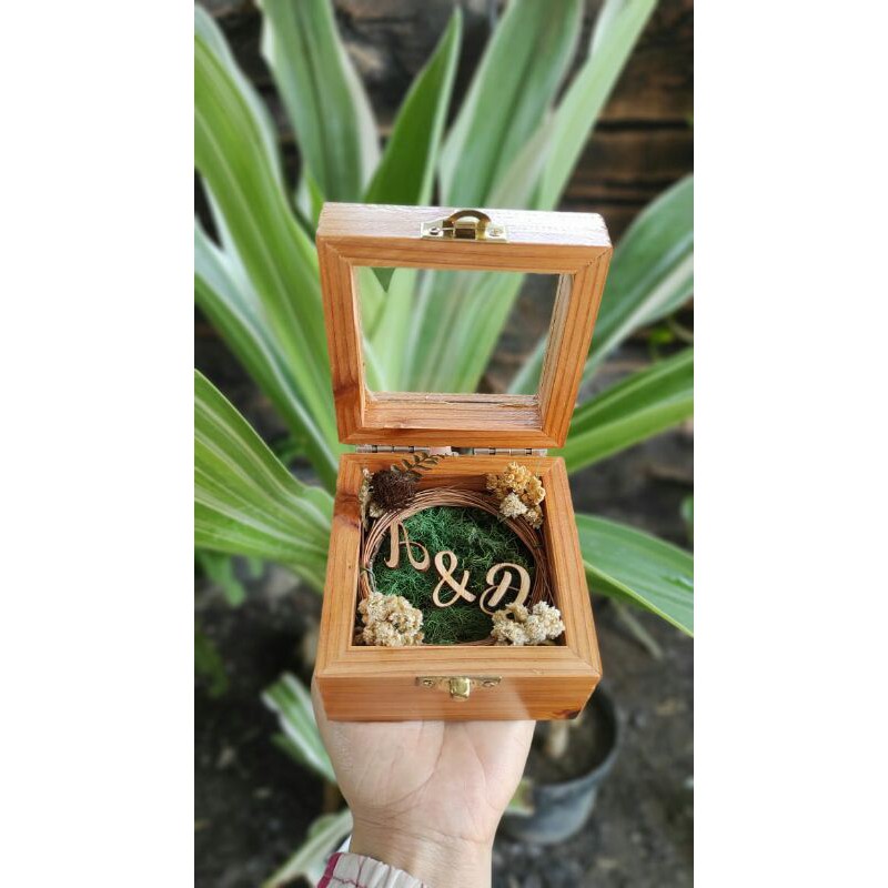 BOX KOTAK TEMPAT MAHAR RING BOX SESERAHAN KAYU RUSTIC PERHIASAN CINCIN NIKAH 9X9