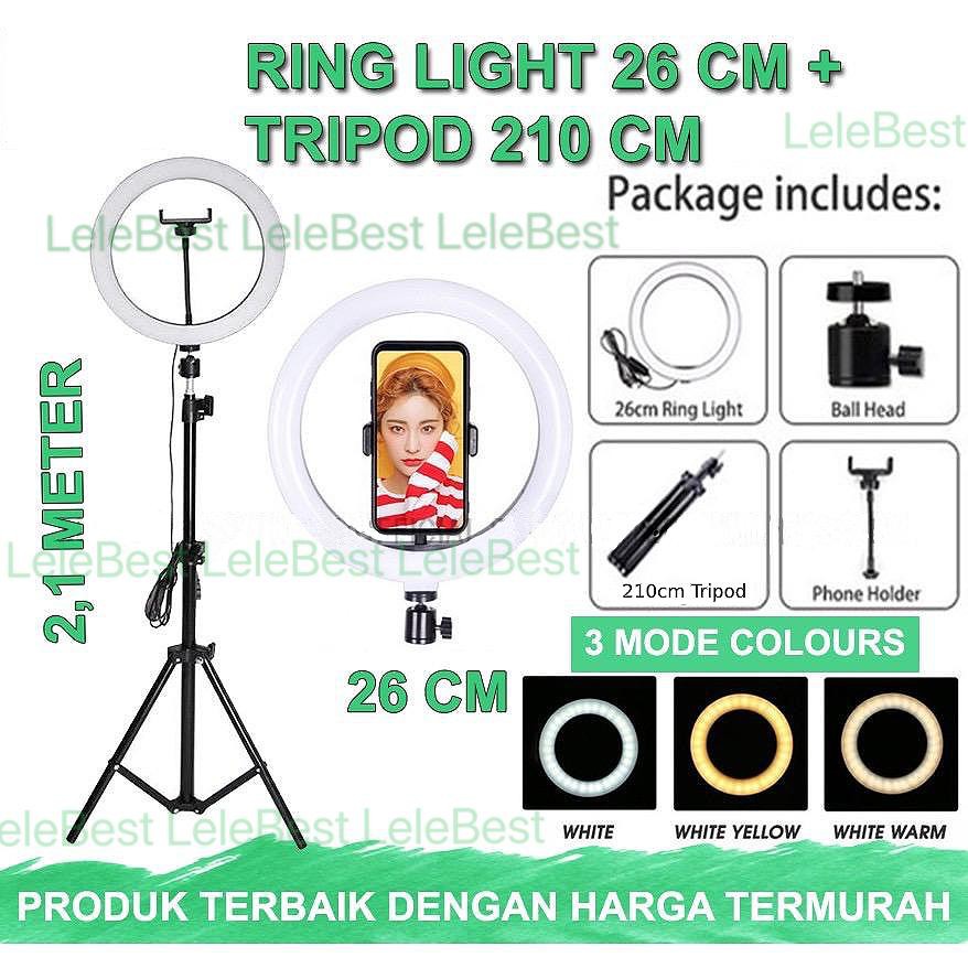 PAKET KOMPLIT RINGLIGHT 26CM + TRIPOD 2,1 METER MAKE UP VLOG LAMPU RINGLIGHT