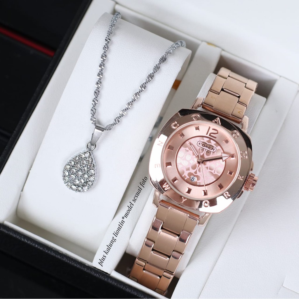 JAM TANGAN WANITA COACH RANTAI STAINLESS TANGGAL AKTIF FREE KALUNG DM 3,2 CM || JAM TANGAN FASHION