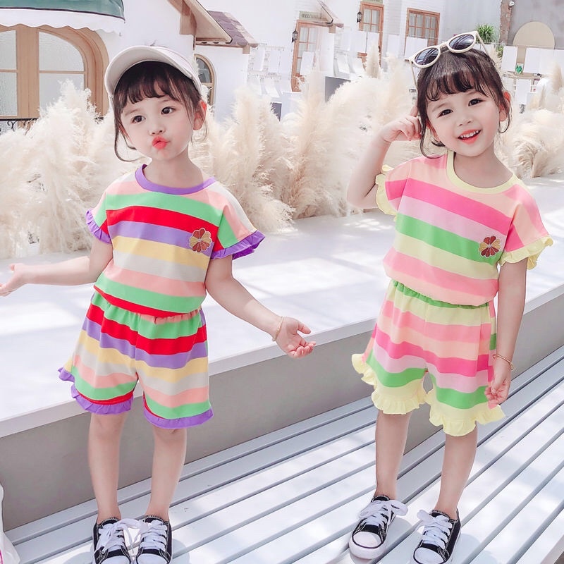 3-7 Tahun Baju Setelan Pelangi Anak Perempuan Import Premium Set Celana Pendek Anak Cewe