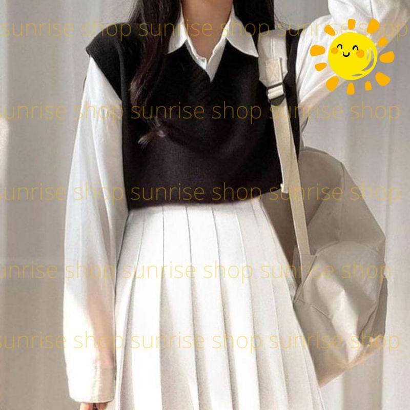 [OOTD SR-2] OUTFIT KOREA SETELAN KEMEJA VEST ROK SET 3IN1 KOREAN OUTFIT