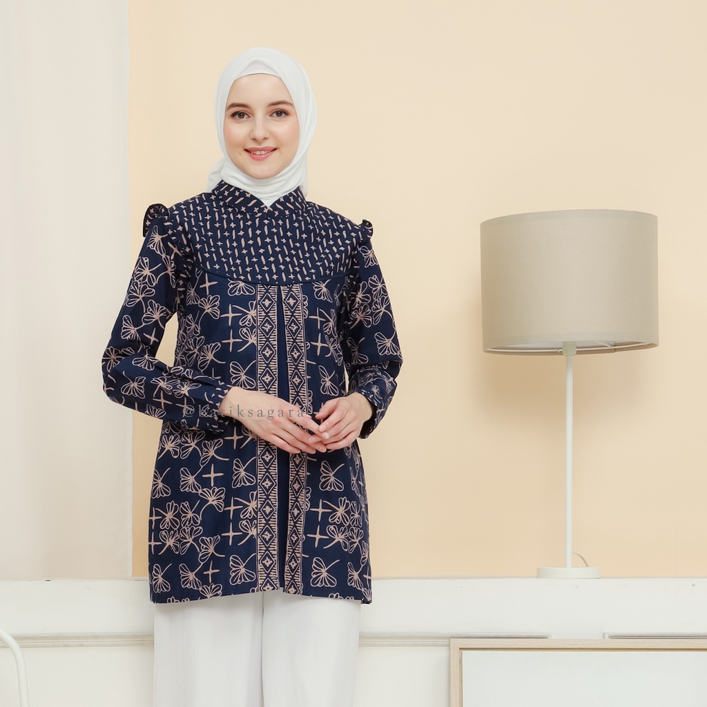 Blouse Batik Lily Navy  - Batik Sagara - Atasan Wanita - Atasan Batik Wanita - Batik Kerja